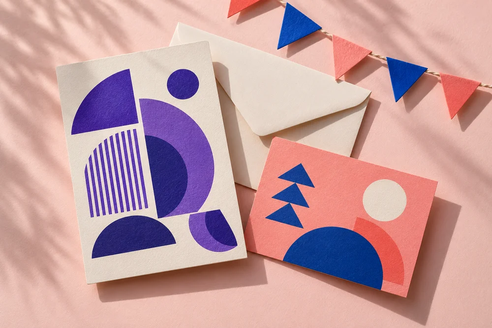 Muestra ilustrativa de invitaciones y decoraciones en papel con colores personalizados