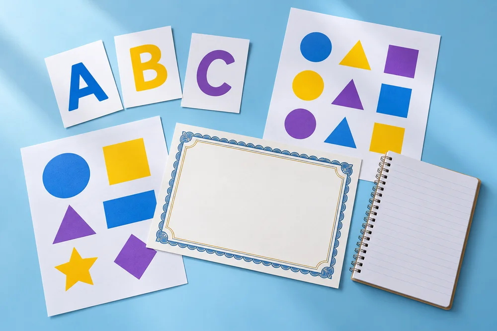 Muestra ilustrativa de fichas con letras, figuras de colores y material educativo impreso