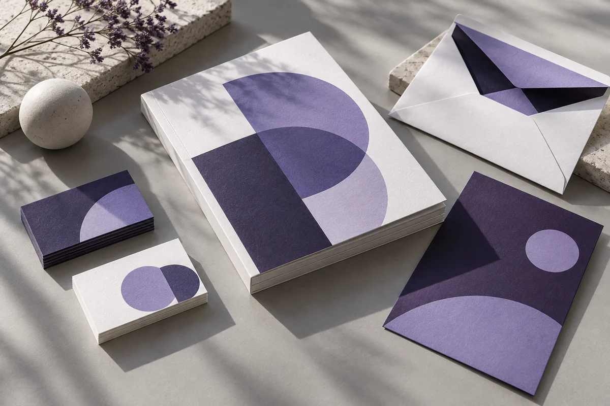Composición ilustrativa de cuadernillos, tarjetas y papelería en tonos violeta